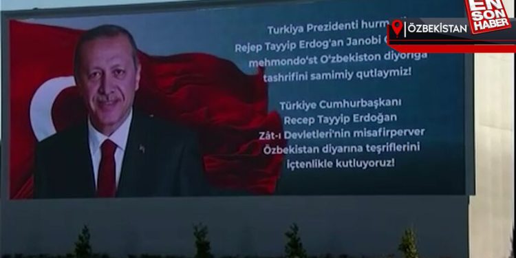 Semerkant Havalimanı’nda Cumhurbaşkanı Erdoğan’ın fotoğrafı yansıtıldı